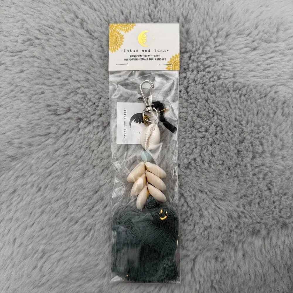Lotus and Luna Keychain OS Charcoal Grey Cowrie Shell Moonstone Tassel NEW